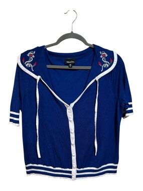 Retro Chic Torrid Size 00 M/L Blue Nautical Sailor Cardigan Anchor Embroidered